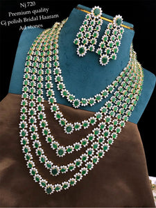 Niharika , Premium 5 Layered Jade Green Gold  Finish Bridal American Diamond Necklace Set for women -SHAKI001PNG