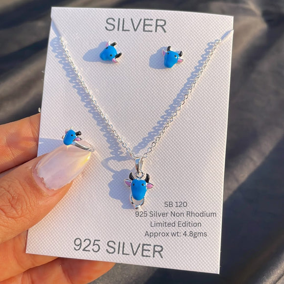 Cute Blue Cow Design 92.5 Silver Pendant earrings and chain with Finger Ring for Kids-AR001BC