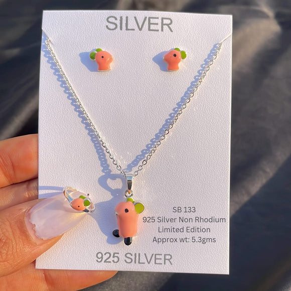 Cute Designer 92.5 Silver Pendant earrings and chain with Finger Ring for Kids-AR001CD