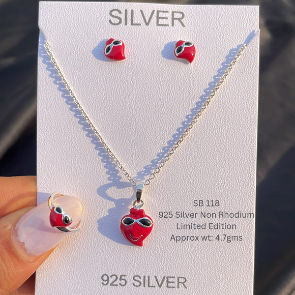 Cute  Red enamelled  Designer 92.5 Silver Pendant earrings and chain with Finger Ring for Kids-AR001CR
