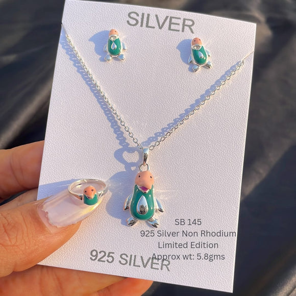 Cute Green  enamelled Designer 92.5 Silver Pendant earrings and chain with Finger Ring for Kids-AR001CG