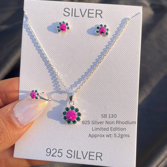Cute Flower  enamelled  Designer 92.5 Silver Pendant earrings and chain with Finger Ring for Kids-AR001CF