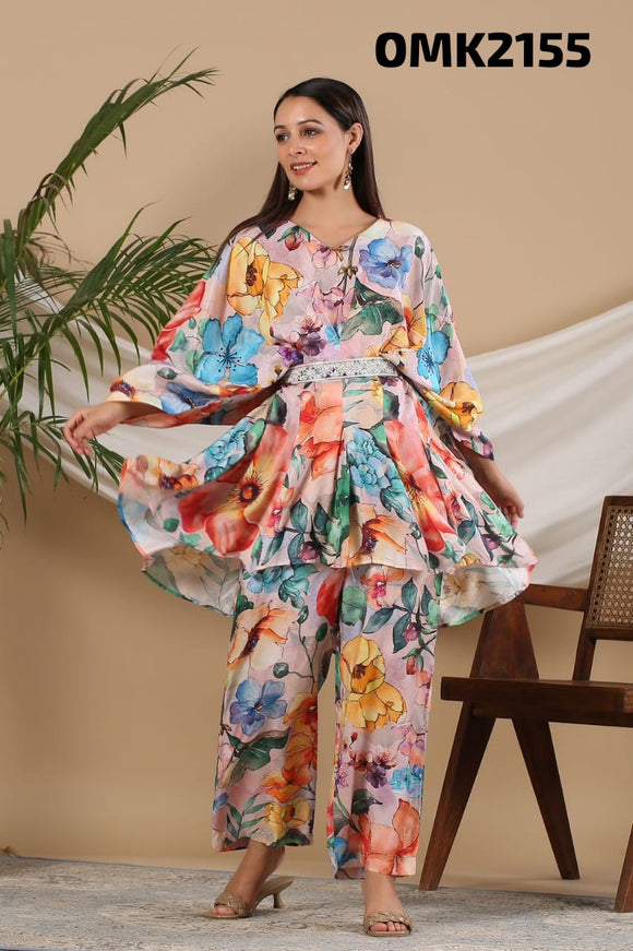 Beautiful Designer Digital Print Pure Muslin Two Piece Co-ord Set With Palazo Style Bottom & Complimentary Belt-FOF001CS