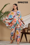 Beautiful Designer Digital Print Pure Muslin Two Piece Co-ord Set With Palazo Style Bottom &amp; Complimentary Belt-FOF001CS