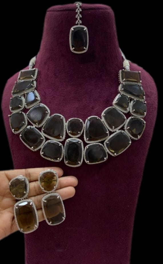 Amelia Brown , Elegant Designer Stone Necklace Set with Mangtikka for women -AKBNS001