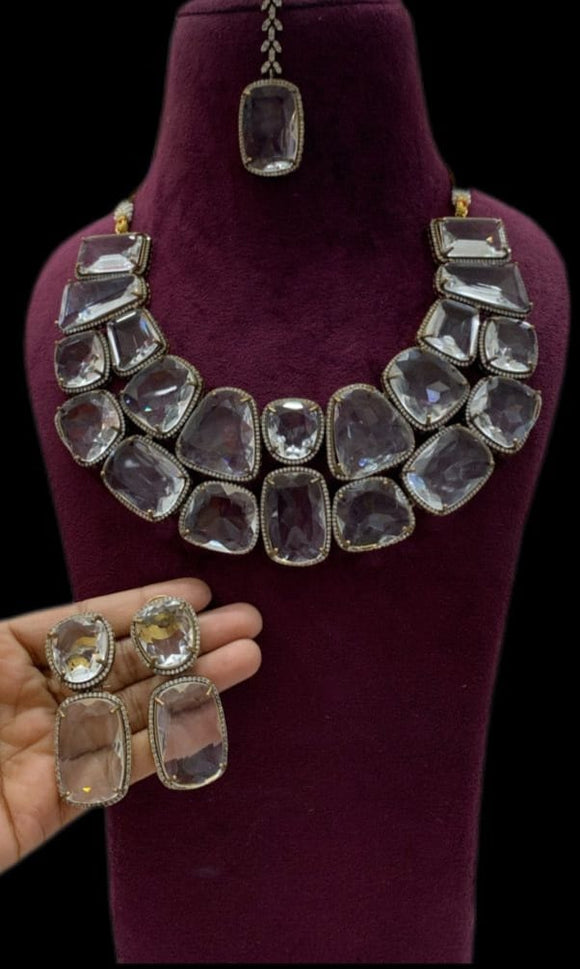 Beauty Crystal , Elegant Designer Stone Necklace Set with Mangtikka for women -AKBNS001C