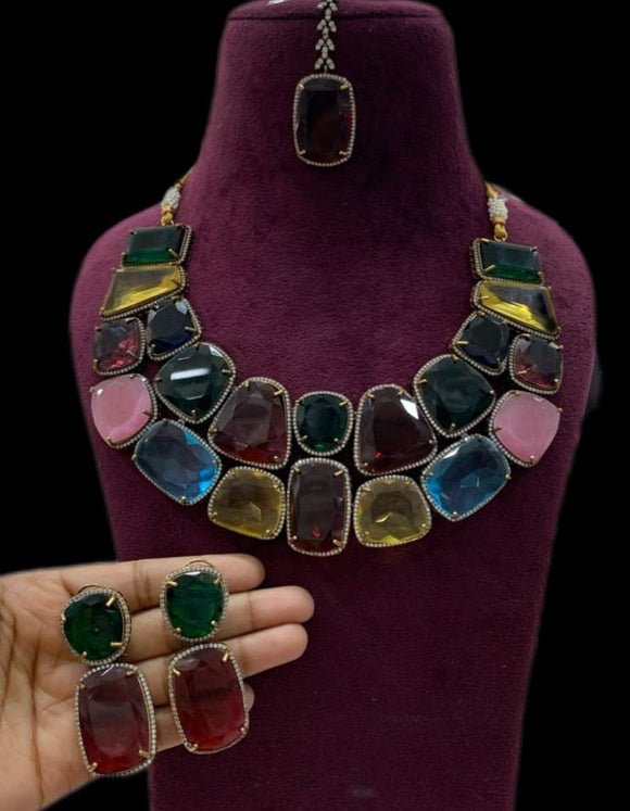 Rainbow Camery , Elegant Designer Stone Necklace Set with Mangtikka for women -AKRCNS001