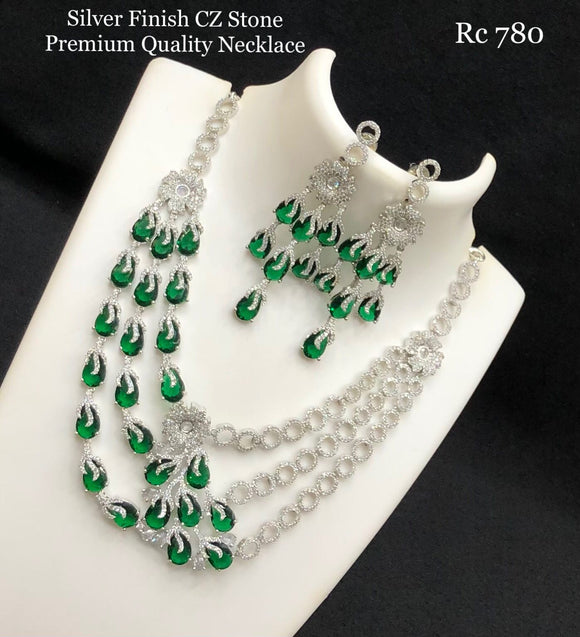 Green , CZ Stone Silver  Finish Layered Premium Necklace Set for Women -SHAKI001BG