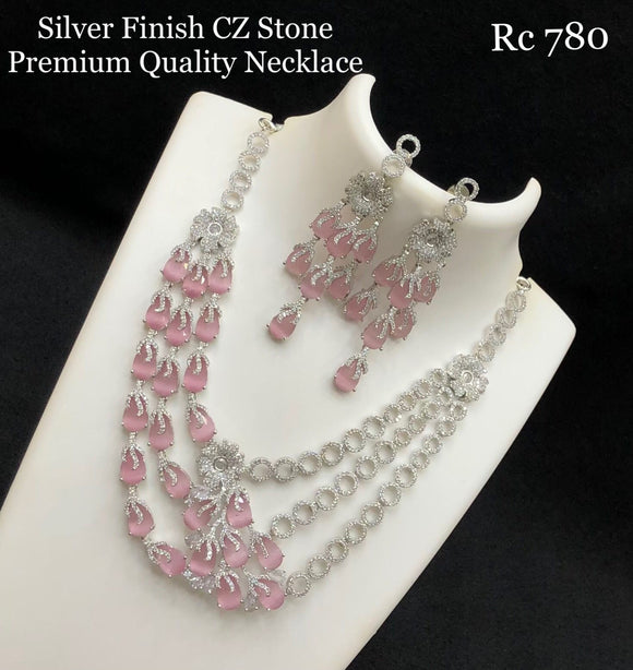 Pastel Pink , CZ Stone Silver  Finish Layered Premium Necklace Set for Women -SHAKI001PP