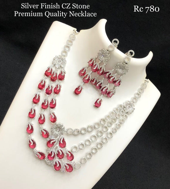 Red , CZ Stone Silver  Finish Layered Premium Necklace Set for Women -SHAKI001CR