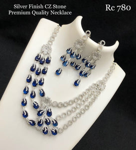 Saphire Blue , CZ Stone Silver Finish Layered Premium Necklace Set for Women -SHAKI001PG