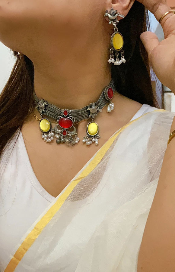Sonali, Red  Shade Oxidised silver High quality choker with earrings -MUSKAN001RC
