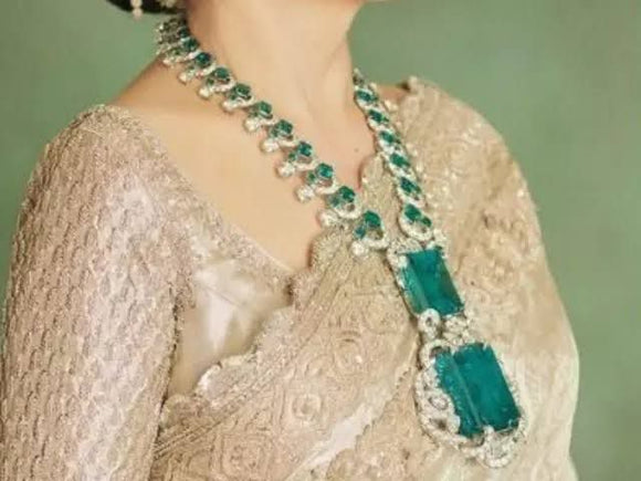Prerna , Elegant Jade Green stone studded American Diamond Necklace Set for women -JAY001DNS