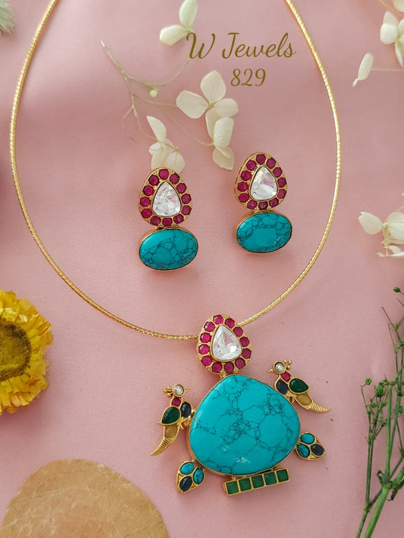 Turquoise Blue stone studded designer Necklace set for women -JAY001TS