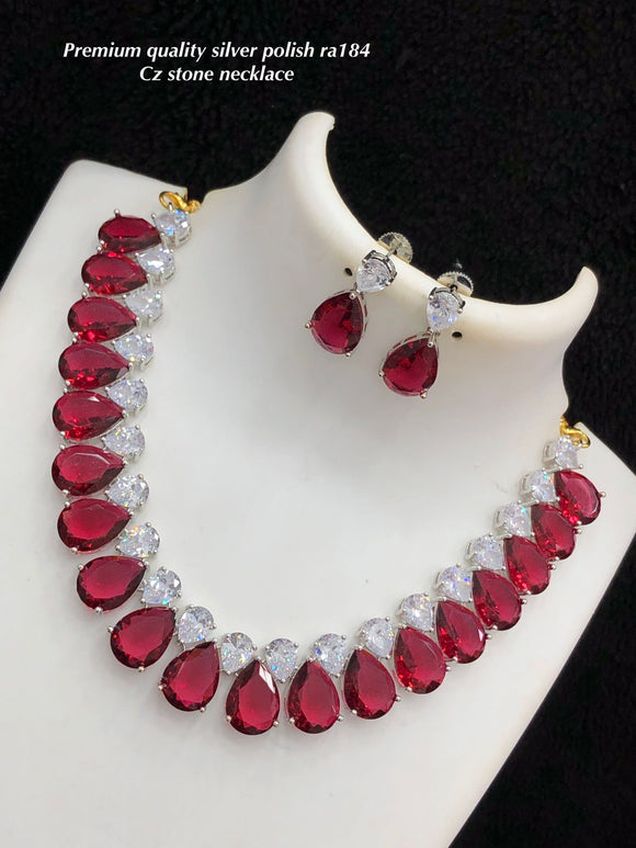 Ruby Red , Premium CZ stone silver finish Red Stone Necklace Set for women-SHAKI001RS