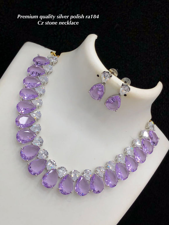 Lilac , Premium CZ stone silver finish Lilac Stone Necklace Set for women-SHAKI001LS