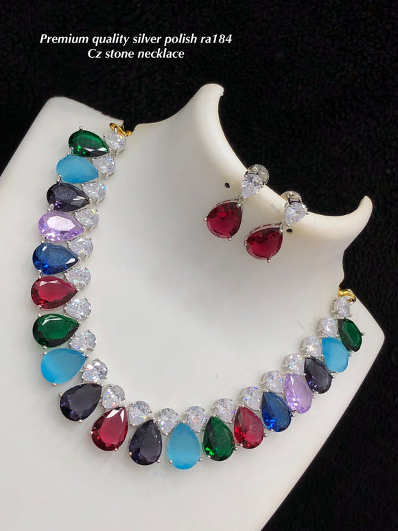 Multicolor  Premium CZ stone silver finish multicolor Stone Necklace Set for women-SHAKI001MC