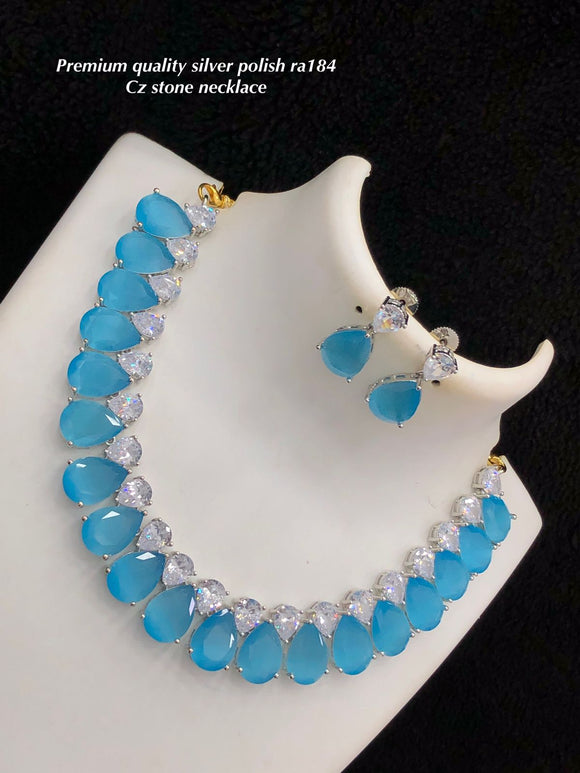 Happy Blue , Premium CZ stone silver finish Blue Stone Necklace Set for women-SHAKI001HB