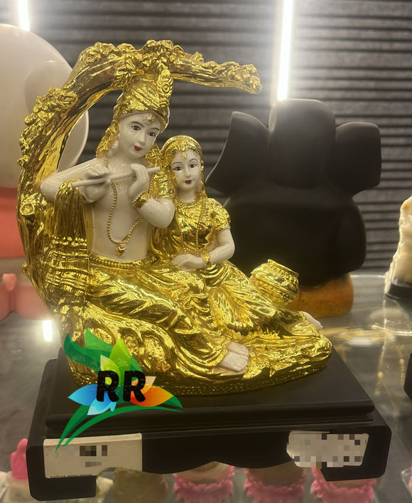 Lovely crafted Radha Krishna sitting under the tree figurine with wooden base decor-ANUB001RKG