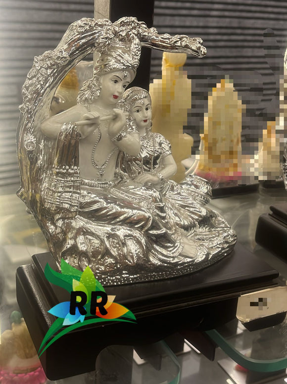 Lovely crafted Radha Krishna sitting under the tree figurine with wooden base decor-ANUB001RKS