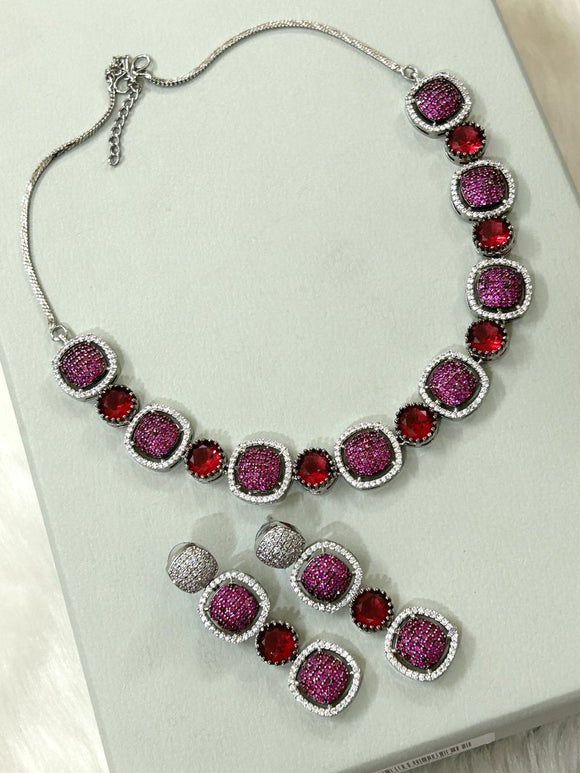 Alectrona , Micro setting rubies Red Zircon Diamond single layer necklace with matching pair of earrings in platinum finish-LR001RRNS