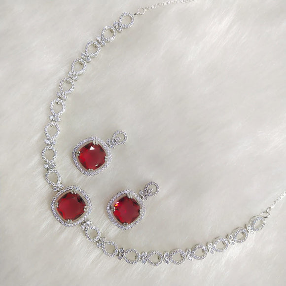 Red stone Elegant Platinum Finish Diamond Choker Necklace Set for women -SANDY001R
