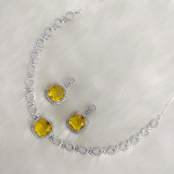 Yellow stone Elegant Platinum Finish Diamond Choker Necklace Set for women -SANDY001Y