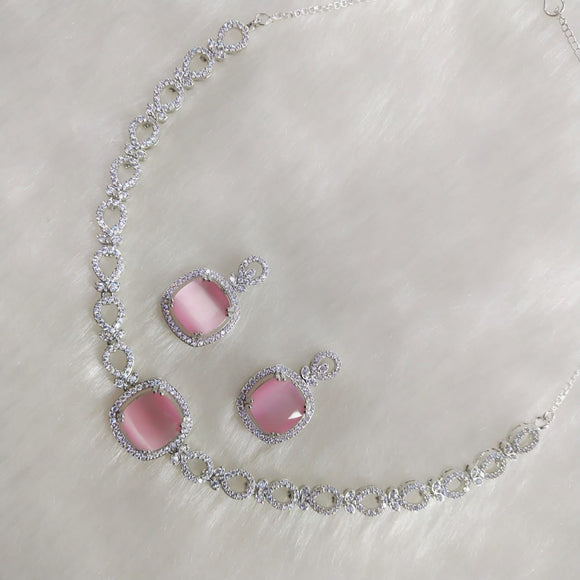 Pink stone Elegant Platinum Finish Diamond Choker Necklace Set for women -SANDY001P