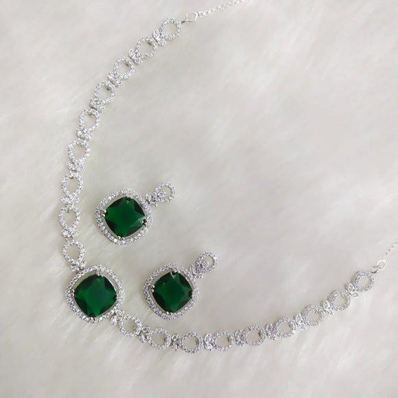 Green  stone Elegant Platinum Finish Diamond Choker Necklace Set for women -SANDY001G