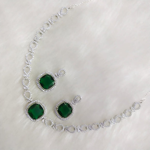 Green stone Elegant Platinum Finish Diamond Choker Necklace Set