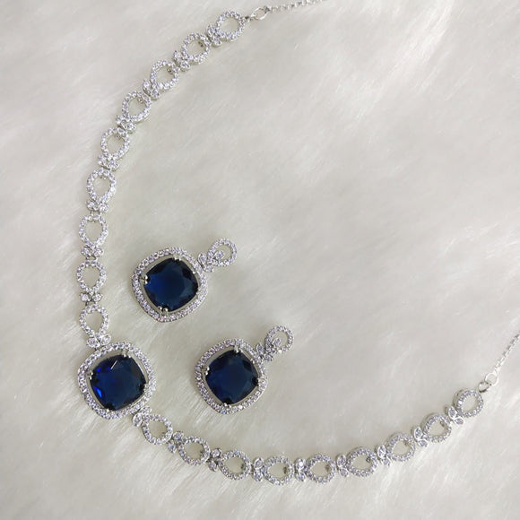 Deep Blue  stone Elegant Platinum Finish Diamond Choker Necklace Set for women -SANDY001DB