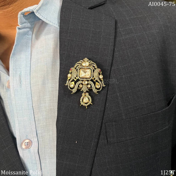 Mayur , elegant Gold Finish Kundan Brooch for Men -JAY001MB