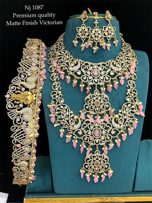 Mandakini, Matte Gold finish Victorian Style Bridal Necklace set with Oddyanam for Women -SHAKI001BNS