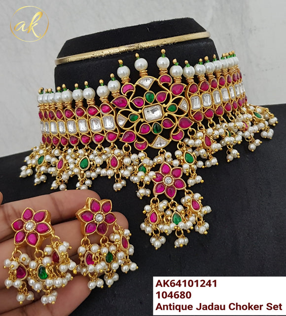 Bahulaprema , Antique Gold finish Pearl Jadau Choker Necklace Set for women -SHAKI001AN