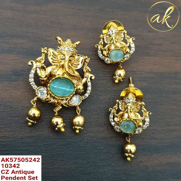 Pastel green   stone studded Gold finish Ganesha Pendant with Earrings  set for women -LR001GPSPG