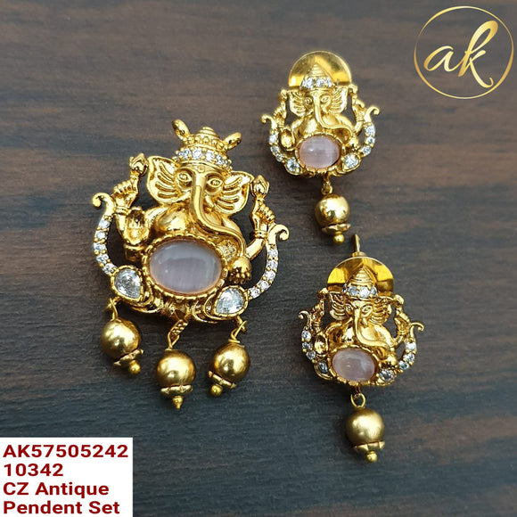 White   stone studded Gold finish Ganesha Pendant with Earrings  set for women -LR001GPSW