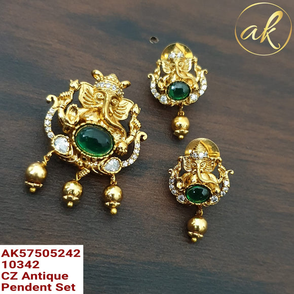 Green stone studded Gold finish Ganesha Pendant with Earrings set for women -LR001GPSG