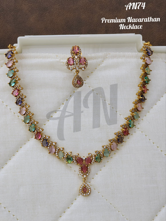 Anekavarna , Gold finish Premium Navratna Necklace set for women -SHAKI001NN