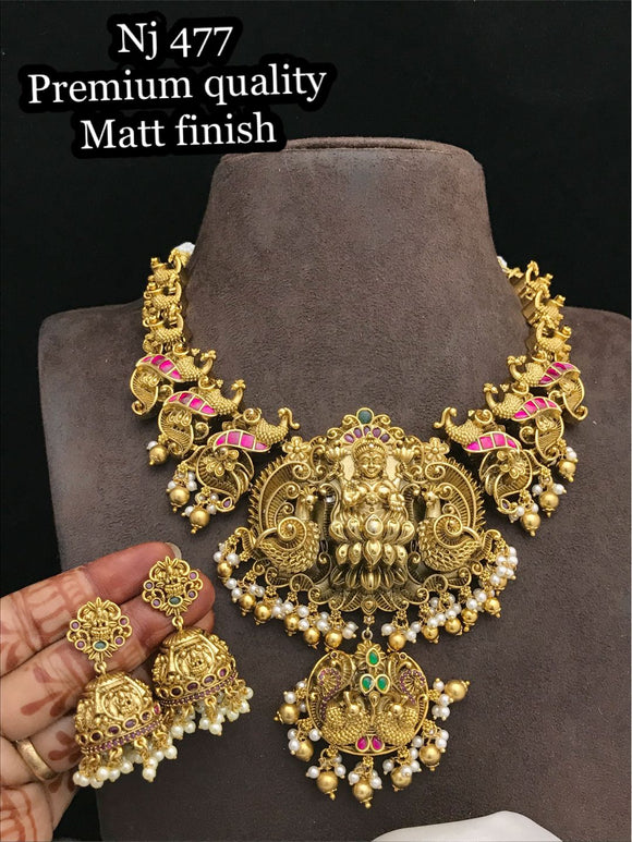 Indusheethala , elegant Matte gold finish Bridal Temple Necklace Set for women -SHAKI001TNSA