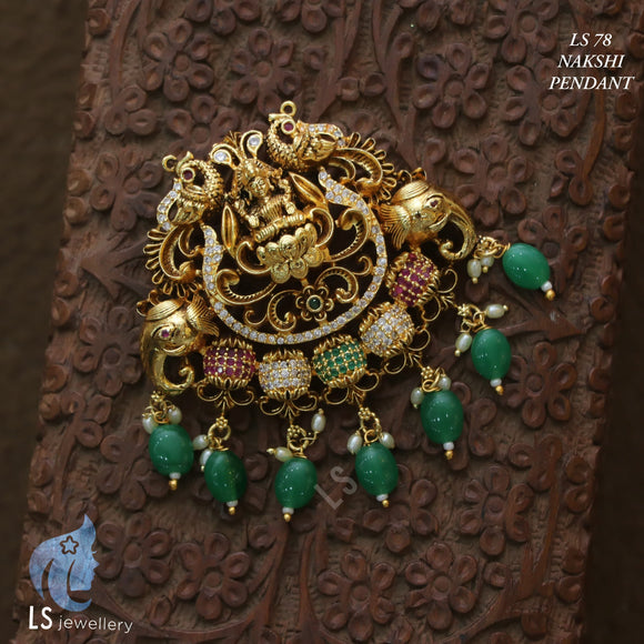 Mahalakshmi , elegant gold finish Nakshi Pendant with Green Bead Hangings for women -SHYAM001P