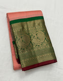Urvashi, Pure Kanchipuram Silk Hand Woven 1G pure zari continuous Jari checks KORVAI border rich pallu with contrast blouse -SACHI001PG