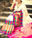 Damayanti , Pure Kanchipuram Silk Hand Woven 2G Pure Zari KORVAI temple multi checks hand weaving Jari Butta rich Pallu with contrast blouse-SMCACHI001