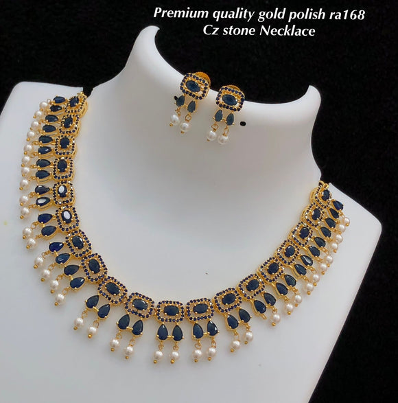 Mahima , elegant Gold Finish Deep Blue Stone Necklace Set for women -SHAKI001DB