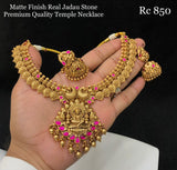 Arivuselvi , Matt Gold Finish Real Pink Jadau Stone Temple Necklace Set for Women -SHAKI001TJ