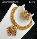 Agalya , Matt Gold Finish Real Pink and Green Jadau Stone Temple Necklace Set for Women -SHAKI001TJM