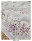 Lavender , Premium Hand Embroidered Digital Printed White Organza Saree with Blouse -DEEP001OSWL