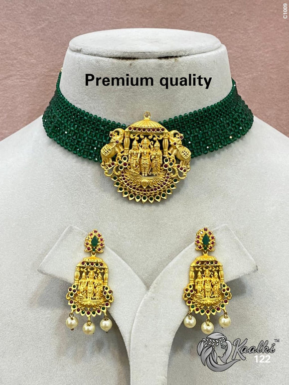Ram Parivar Design Green Bead Choker Necklace Set for Women -SHYAM001GB
