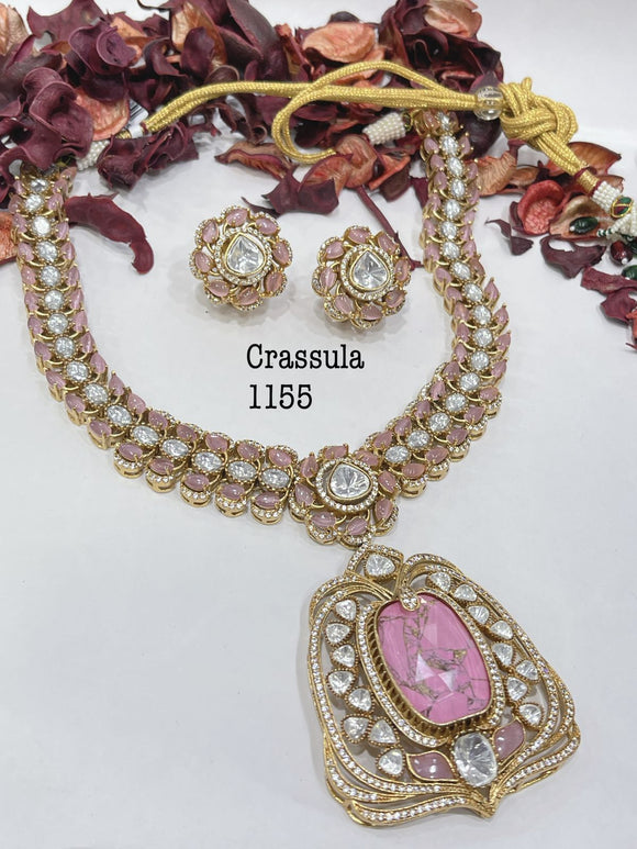 Suhana , elegant Gold Finish  Moissonite Stone Necklace Set for Women -JAYDU001PMS