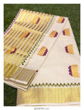 Kamalini , Lotus Hand Block Prints on Zari Check Woven Kerala Cotton Saree with Blouse-DEEP001LS