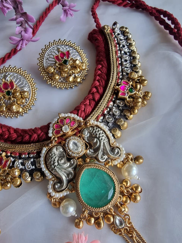 Bhanumathi , Oxidised Silver Finish Fusion Thread Necklace Set for women -SHRI001TF